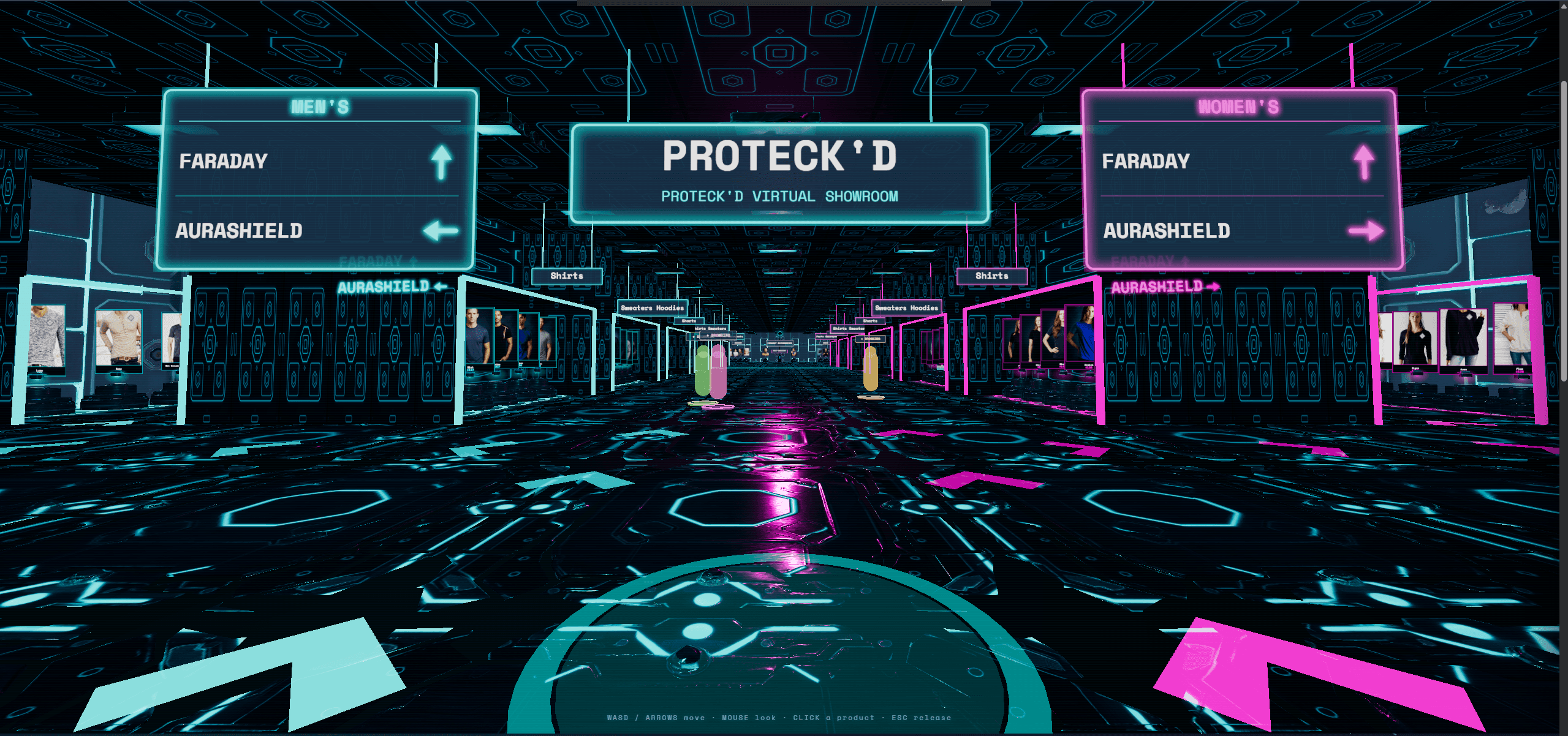 A walkable 3D virtual showroom built on AlphaZero — neon-lit aisles of products with men’s and women’s wayfinding signs